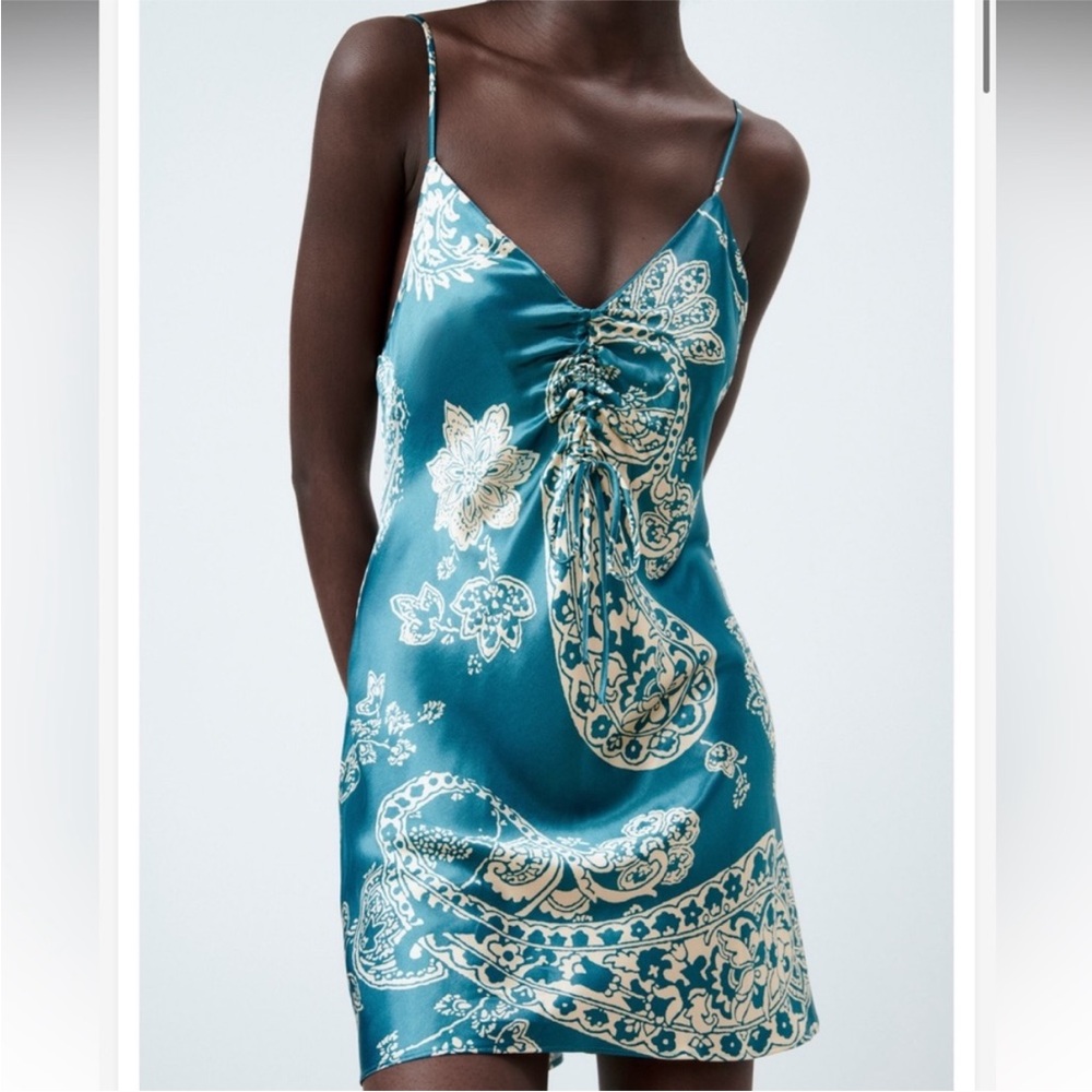 Zara Blue and Cream Satin Dress Paisley Design